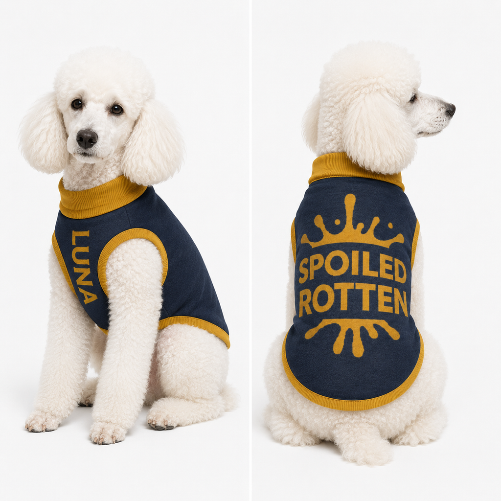 Personalized dog sweater image splash and text 'SPOILED ROTTEN' ,with custom front panel that says 'LUNA', on a whtie background