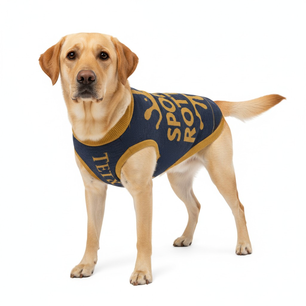 Extra Large dog Personalized premium knit left facing navy and gold sweater with "Spoiled Rotten" and splash printed on the back, white background