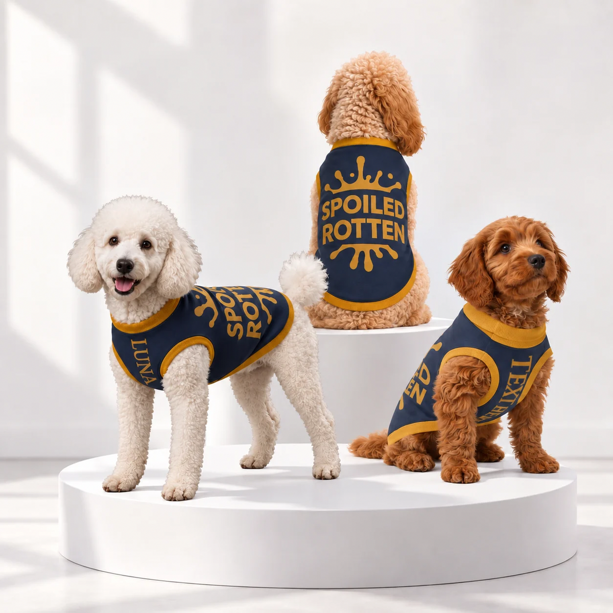Three medium dogs wearing matching navy and gold pet sweaters posed on white display risers in studio setting. The sweaters read 'SPOILED ROTTEN' with a splash graphic.