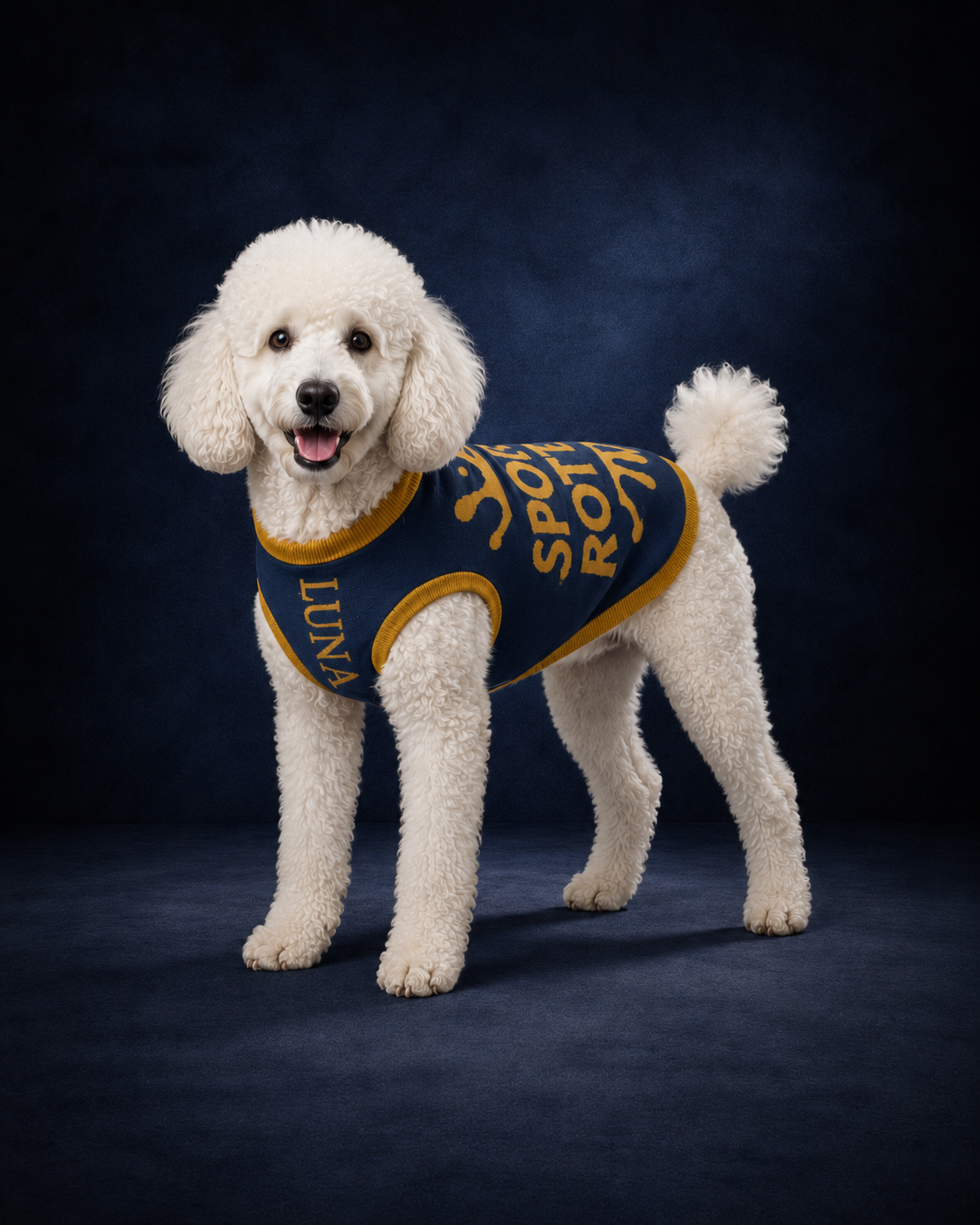 Personalized premium front facing navy and gold sweater with "Spoiled Rotten" printed on the back, for a medium sized dog, by Uncommon Canine Couture Co.