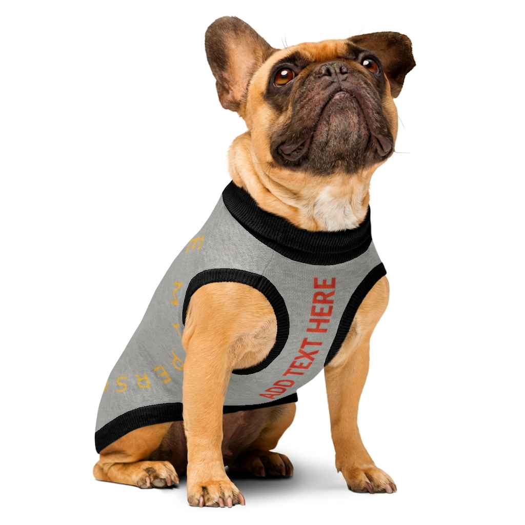 Dog wearing a gray sweater with customizable text on a white background