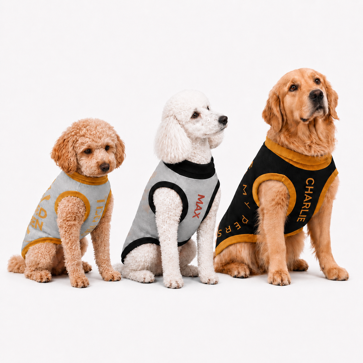 Personalized stylish, dog sweaters, image with three dogs, various sizes and various Sweater designs.