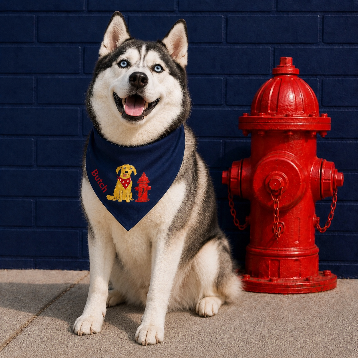 Preppy personalized navy-blue fire hydrant dog bandana collar with adjustable black buckle, by Uncommon Canine Couture Co