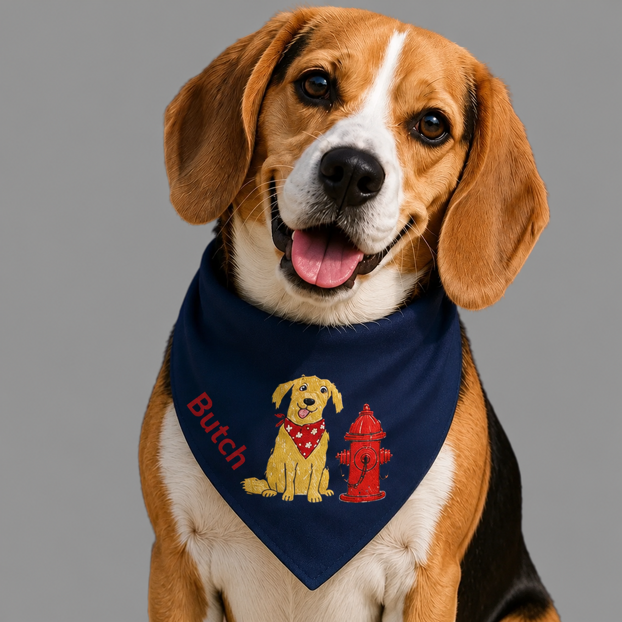 Beagle wearing personalized navy fire hydrant dog bandana collar with custom name, by Uncommon Canine Couture Co