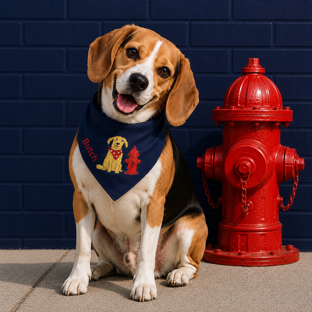 Personalized dog Bandana Collar with dog and dog hydrant  image, medium size dog standing against a blue brick background