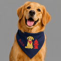 Personalized XL navy-blue fire hydrant dog bandana collar with adjustable black buckle and custom dog name