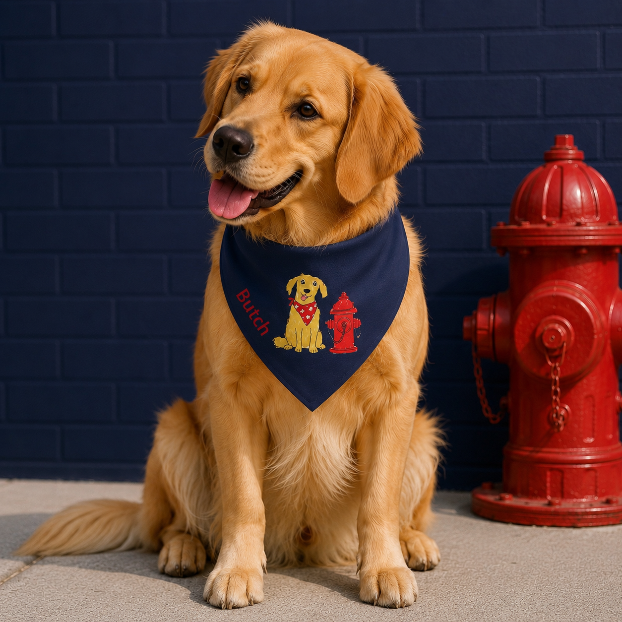 Personalized dog Bandana Collar with dog and dog hydrant  image, XL size dog standing against a blue brick background