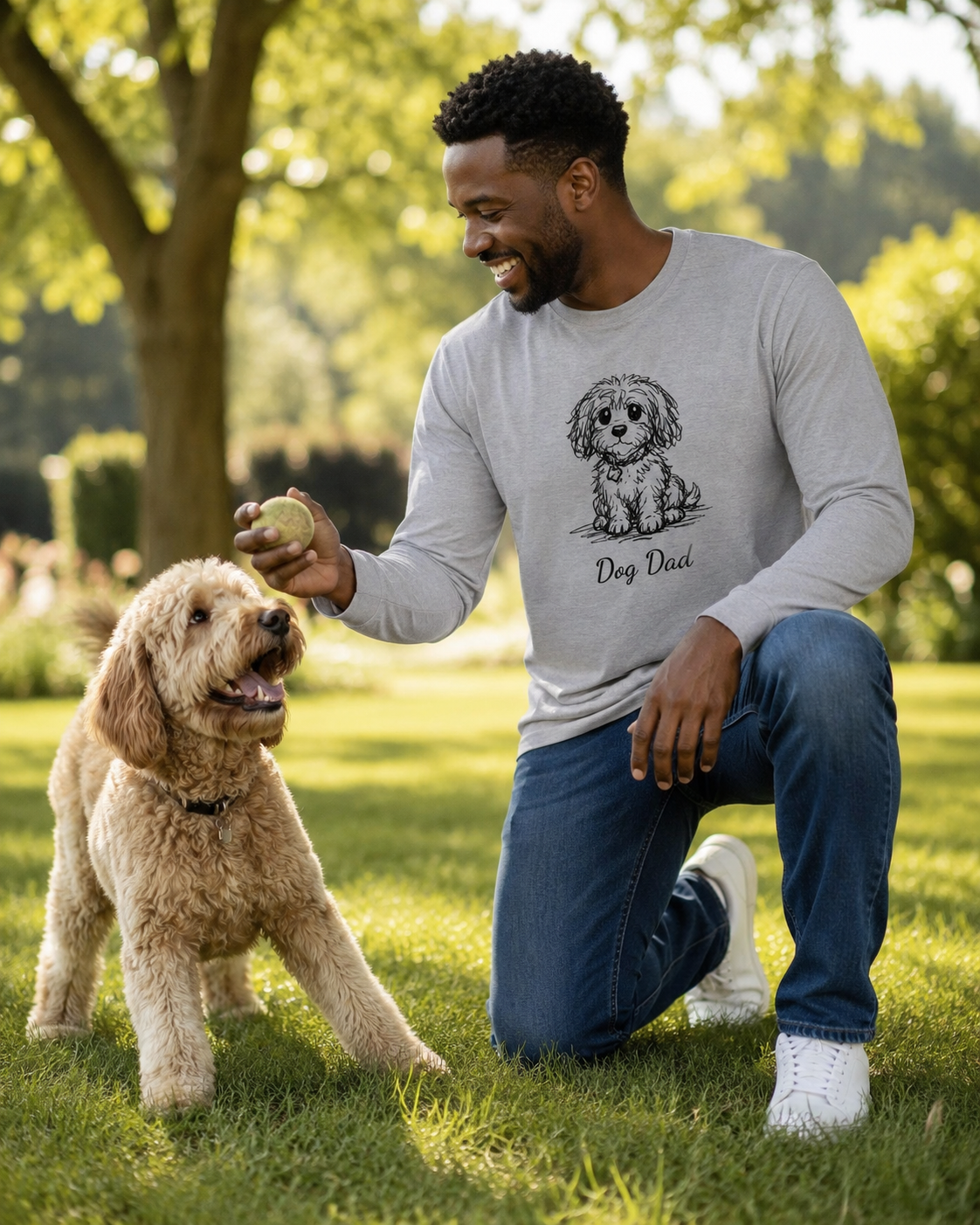 Dog parents wearing matching personalized dog illusion gray long sleeve T-shirts with their dog.