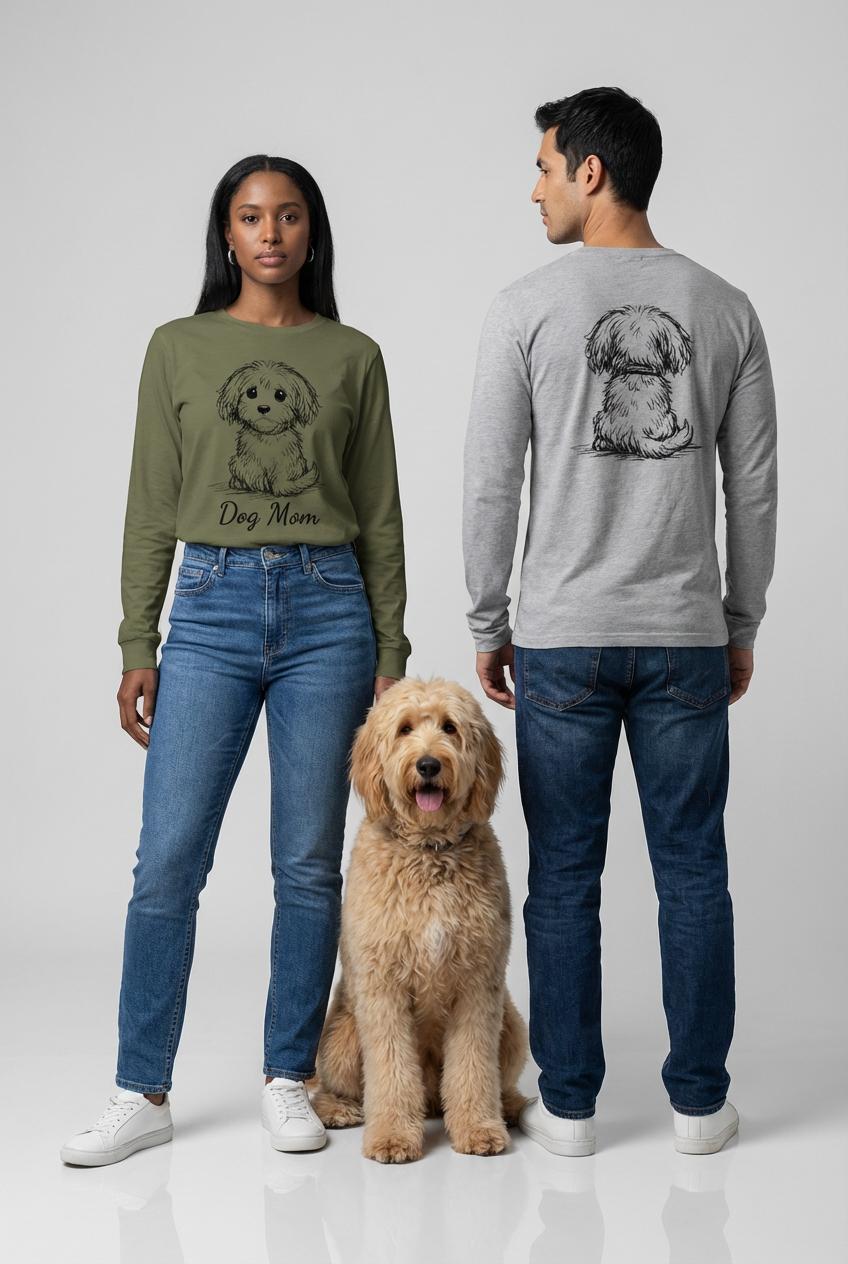 Military green personalized dog illusion long sleeve T-shirt with front-facing puppy illustration and custom Dog Mom and Dog dad text.

Two people wearing sweatshirts with dog illustrations and a dog sitting between them on a white background
