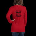 Red personalized dog illusion long sleeve T-shirt with back puppy illustration and custom Dog Mom text.