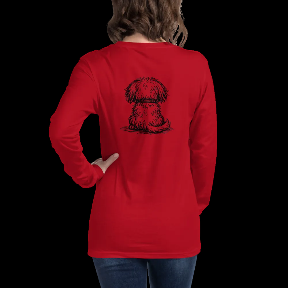 Red personalized dog illusion long sleeve T-shirt with back puppy illustration and custom Dog Mom text.