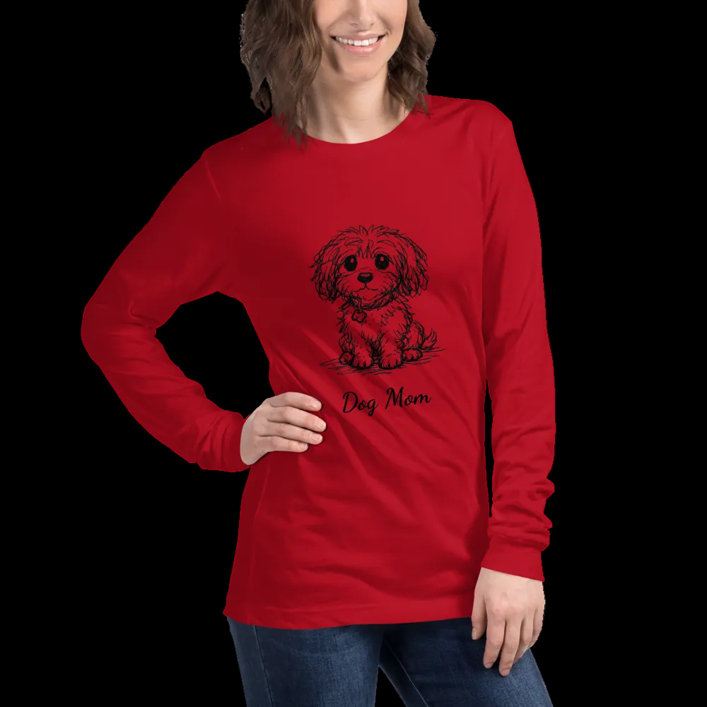 Red personalized dog illusion long sleeve T-shirt with front puppy illustration and custom Dog Mom text.