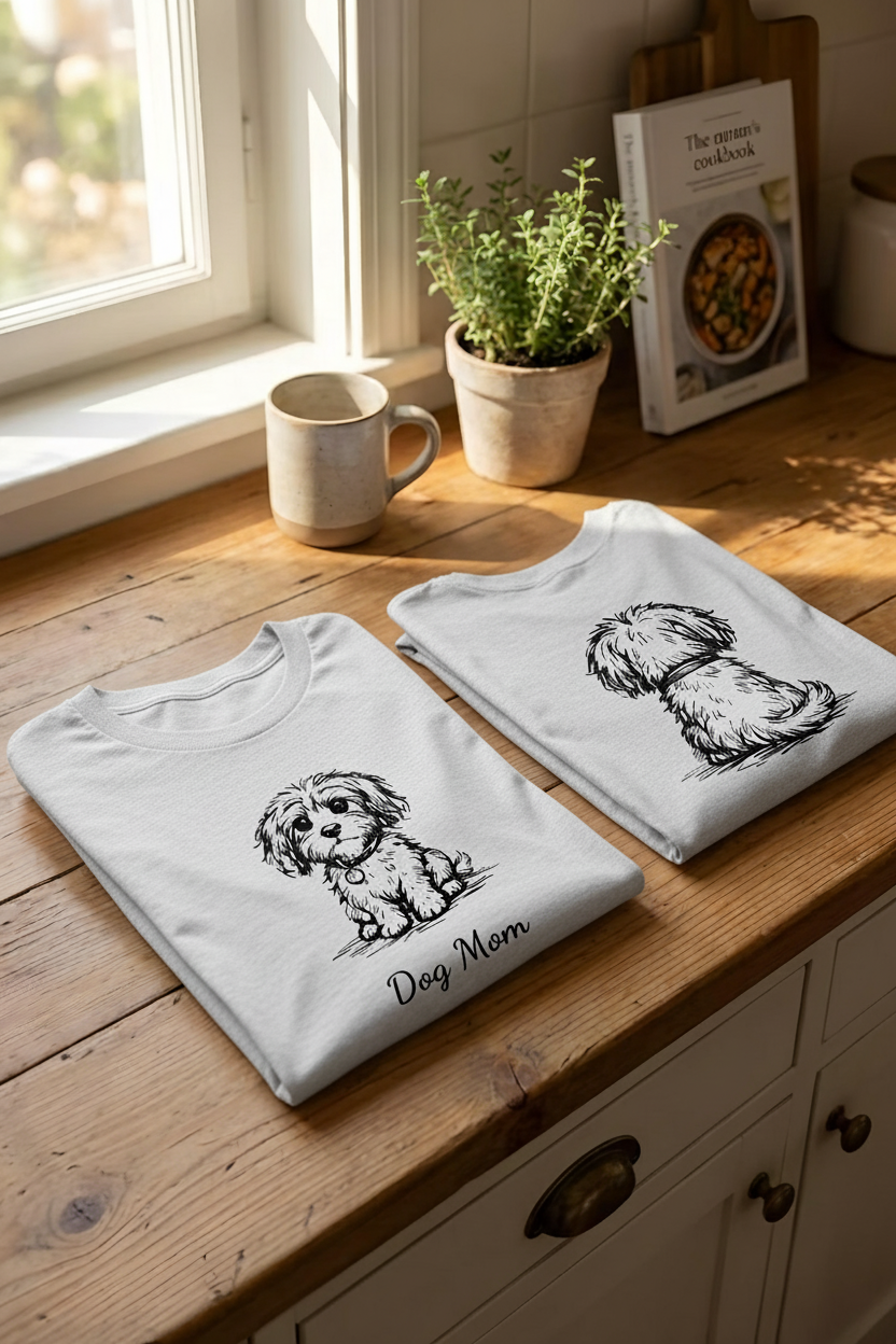 Gray folded personalized dog illusion long sleeve T-shirts showing front and back puppy illustrations.