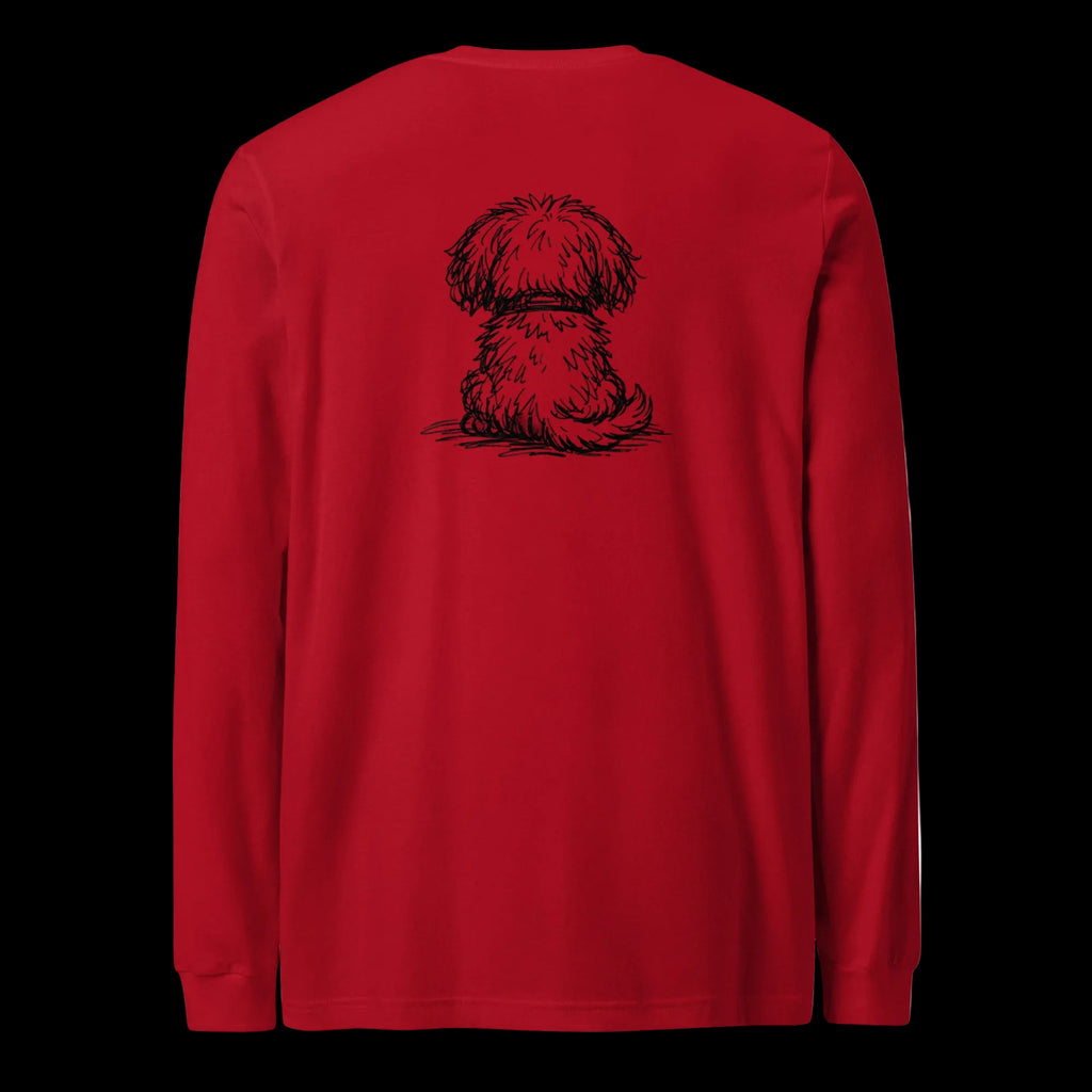 Red personalized dog illusion long sleeve T-shirt with back puppy illustration and custom Dog Mom text.