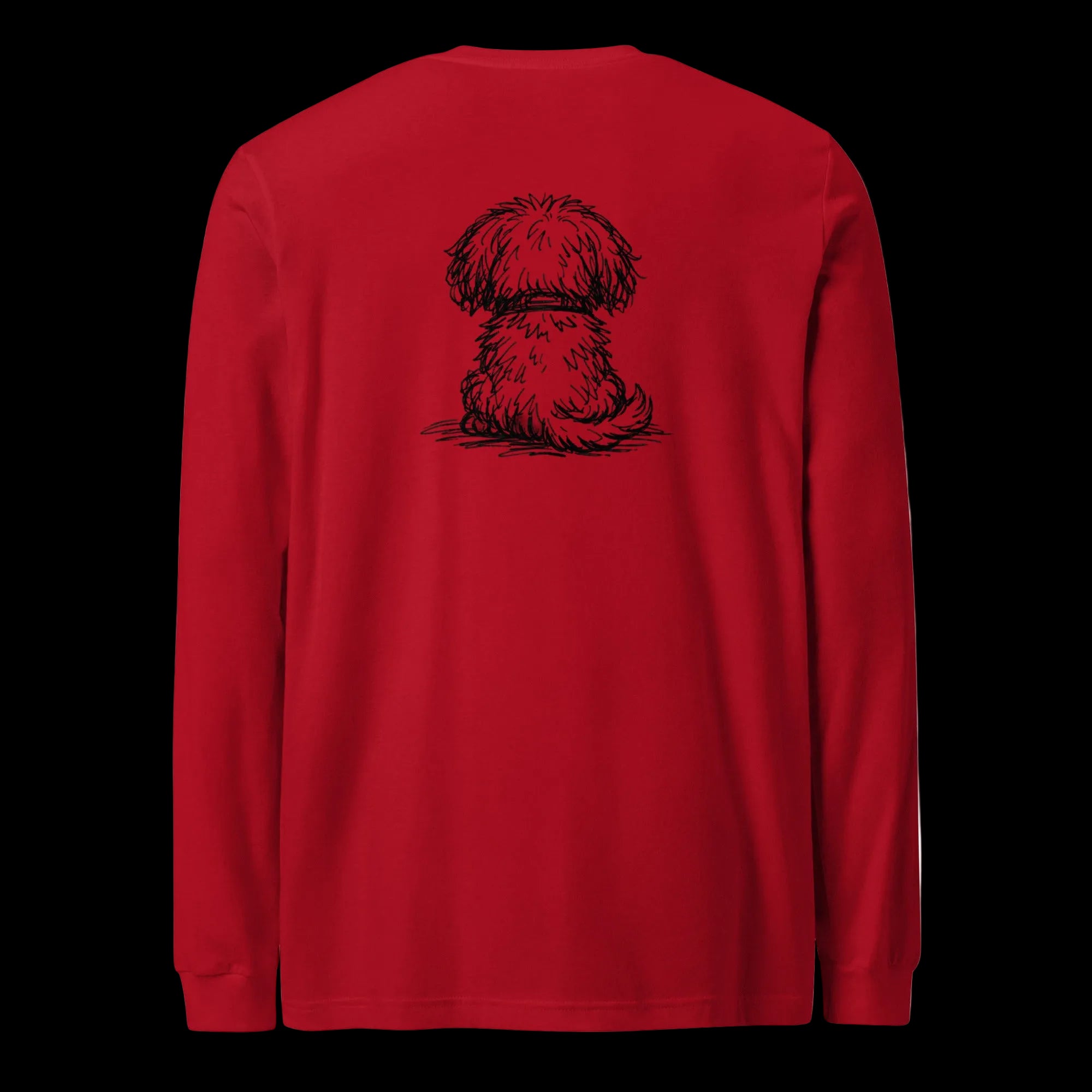 Red personalized dog illusion long sleeve T-shirt with back puppy illustration and custom Dog Mom text.