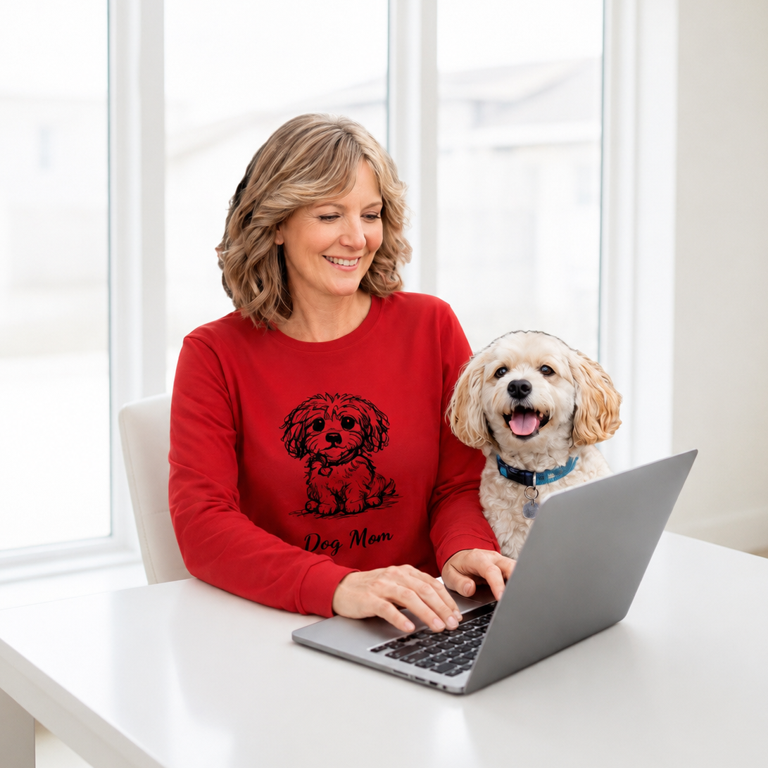 A woman wearing a red long-sleeve T- shirt with a dog graphic and the words 'Dog Mom' white, background. 