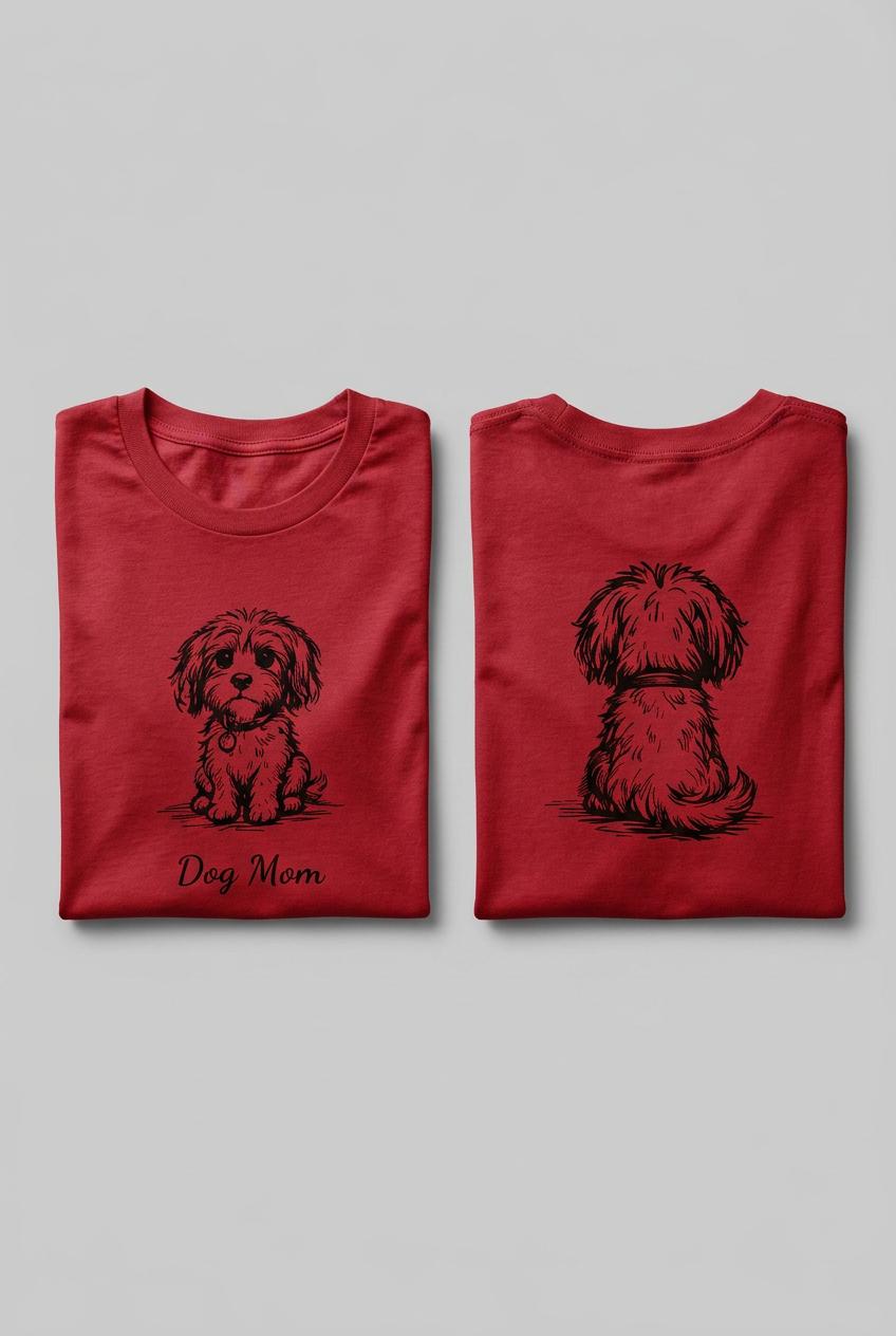 Folded red personalized dog illusion long sleeve T-shirts showing front and back puppy illustrations.