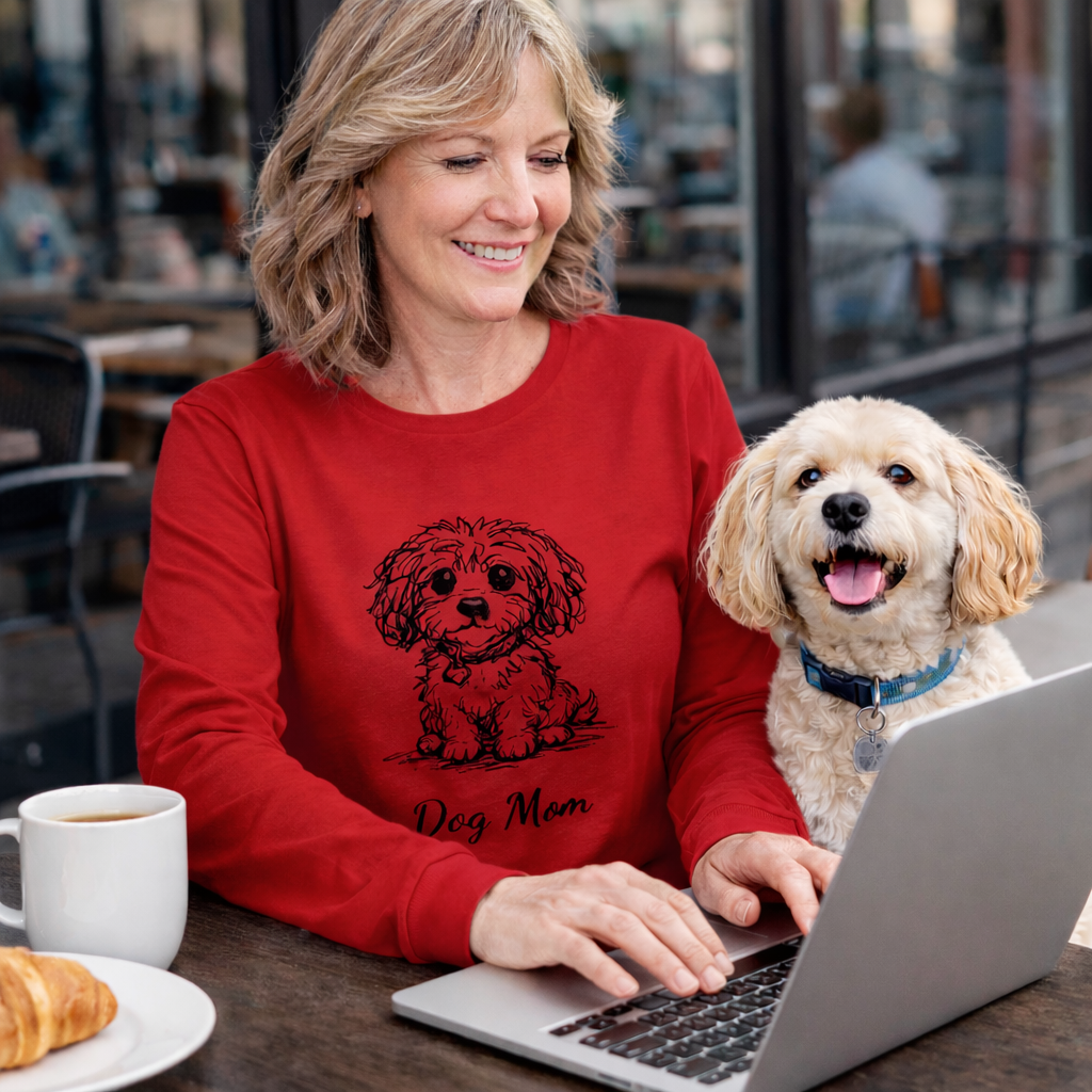 Woman in a red 'Dog Mom' sweatshirt using a laptop with a dog sitting next to her.

Red personalized dog illusion long sleeve T-shirt with front-facing puppy illustration and custom Dog Mom text