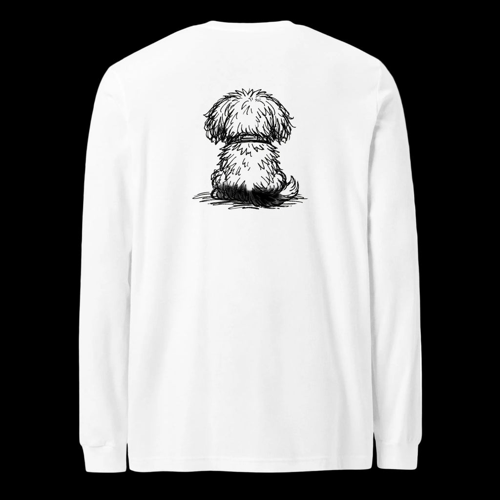 White personalized dog illusion long sleeve T-shirt with all over print puppy illustration and custom Dog Mom text.

White personalized dog illusion long sleeve T-shirt with front-facing puppy illustration and custom Dog Mom text.