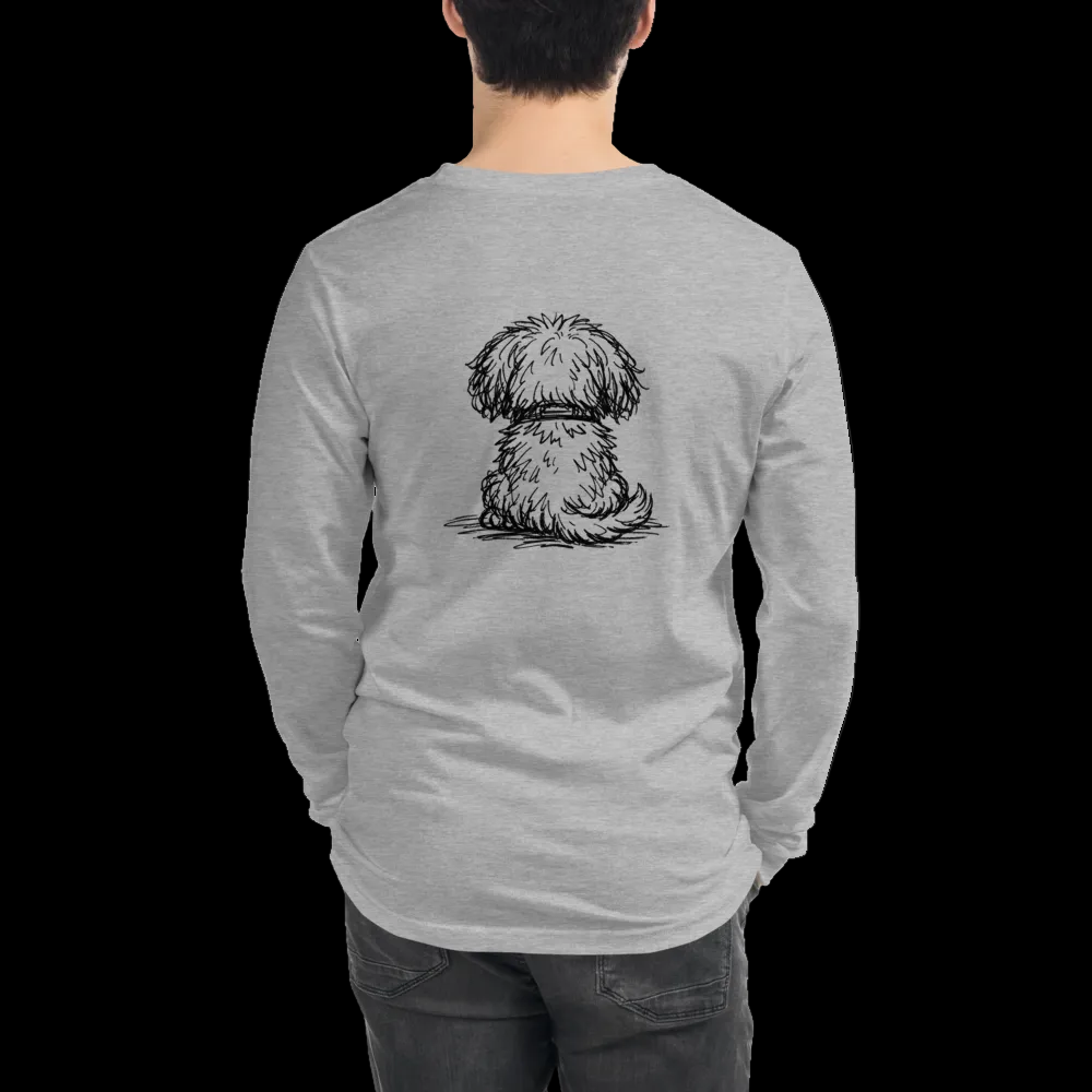 Gray long-sleeve shirt with a dog illustration on the back, worn by a man.