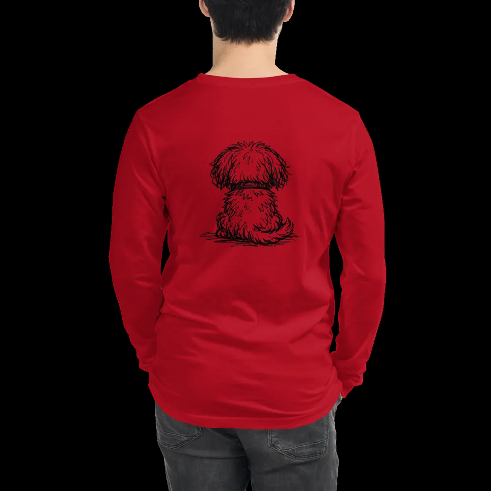 Red personalized dog illusion long sleeve T-shirt with back puppy illustration and custom Dog Dad text.