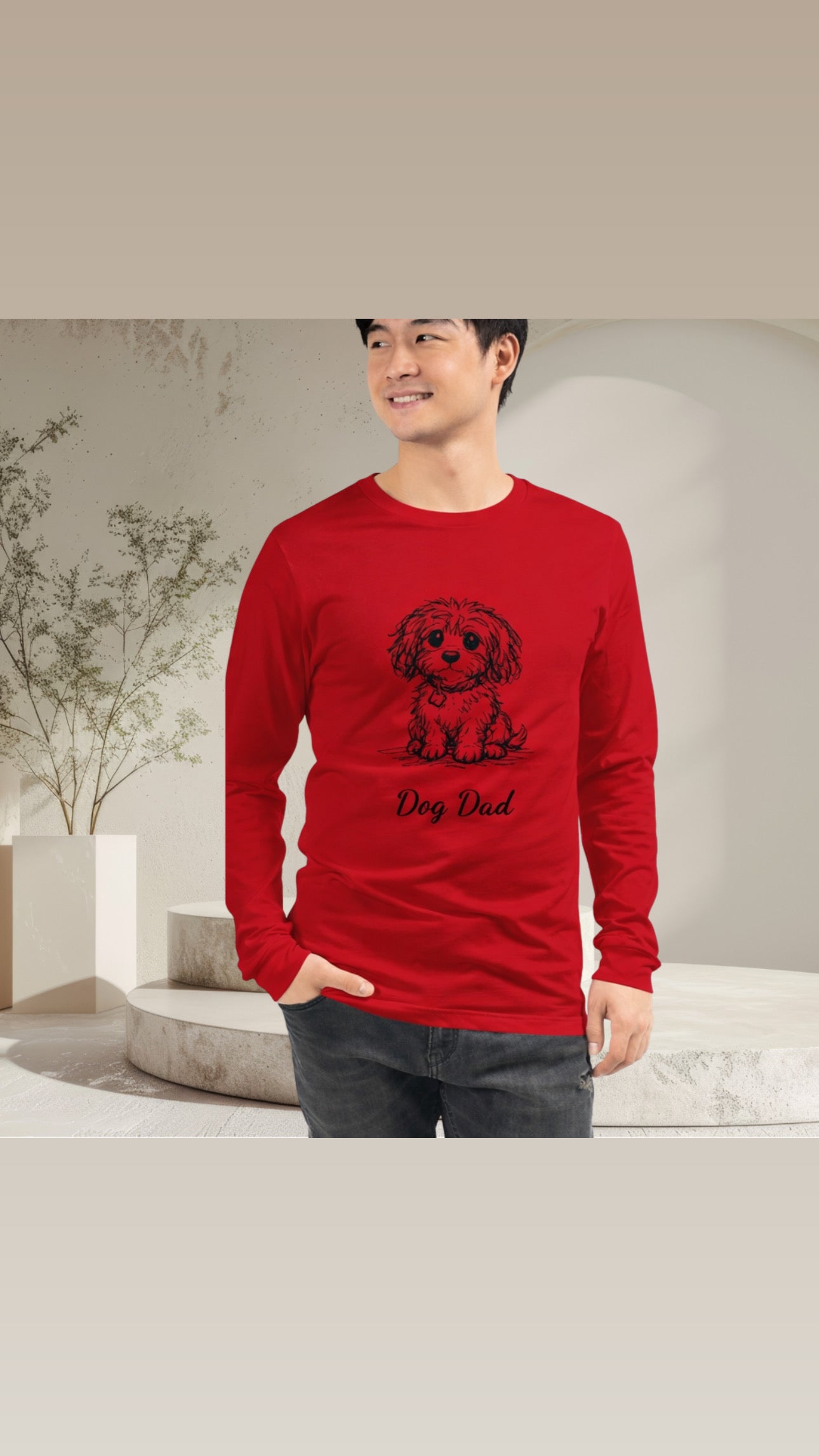 Red personalized dog illusion long sleeve T-shirt with front puppy illustration and custom Dog Dad text.