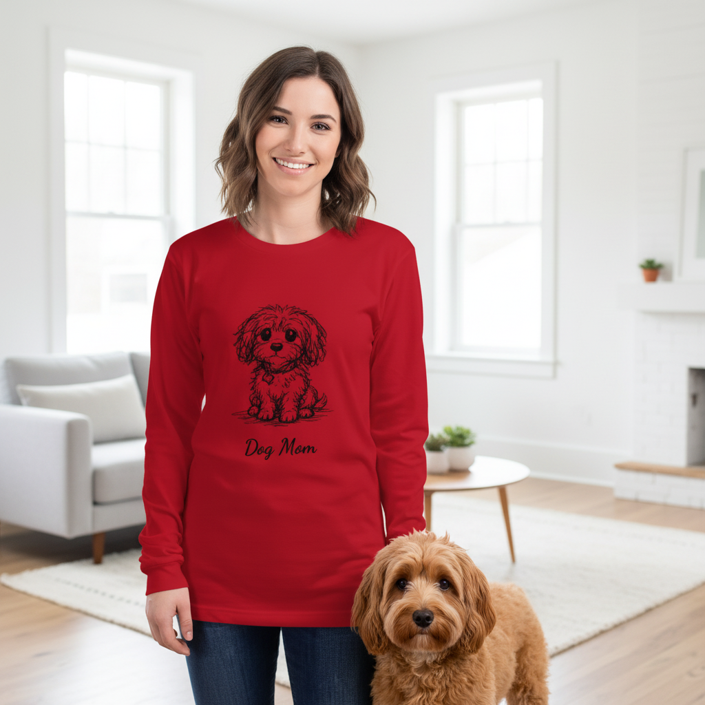 Red personalized dog illusion long sleeve T-shirt with front-facing puppy illustration and custom Dog Mom text standing next to a dog 