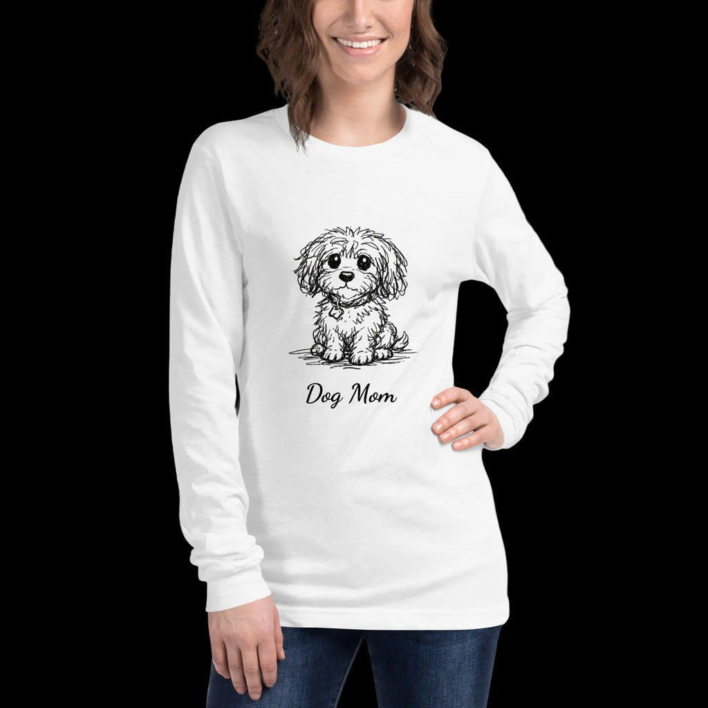 White personalized dog illusion long sleeve T-shirt with front-facing puppy illustration and custom Dog Mom text.