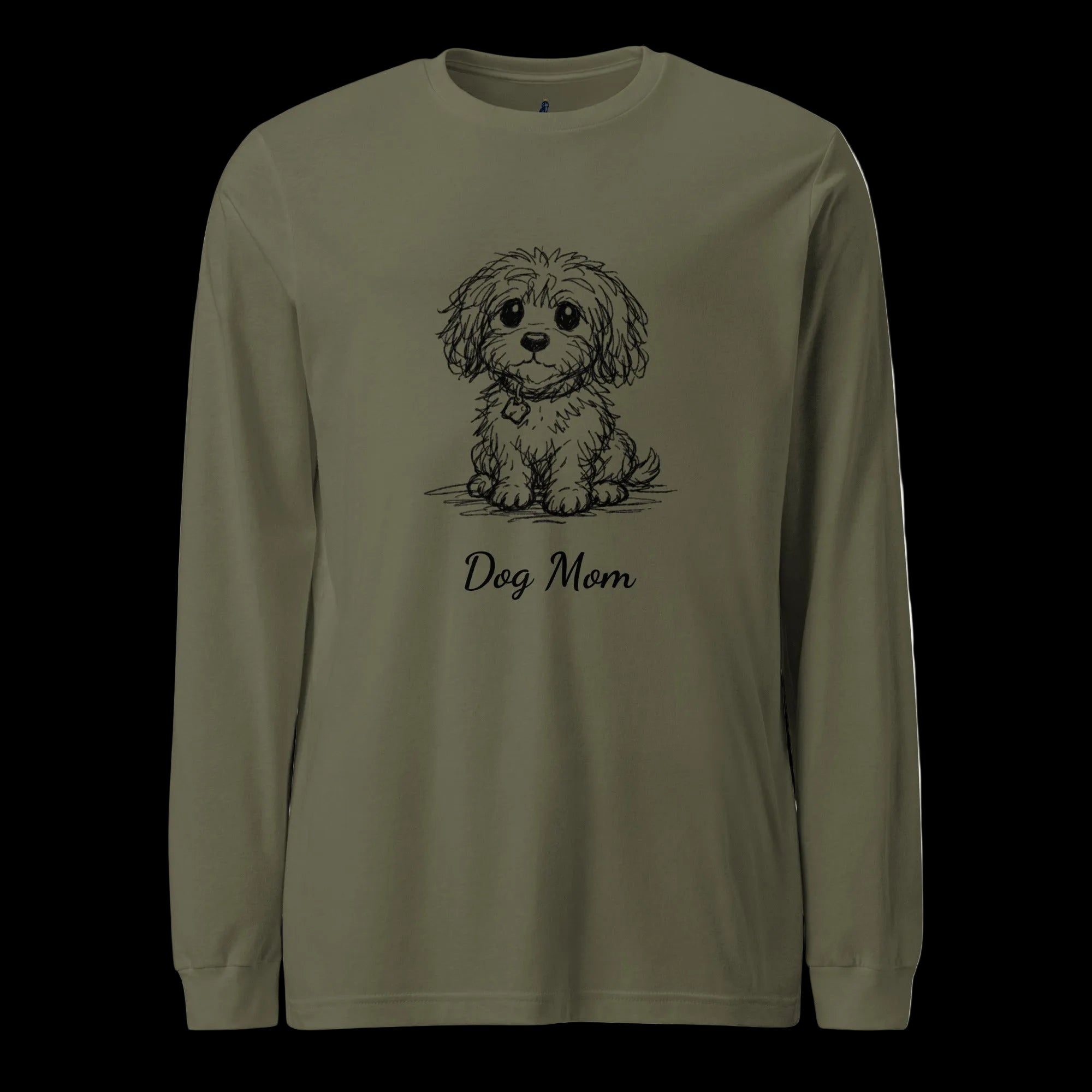 Military green personalized dog illusion long sleeve T-shirt with front puppy illustration and custom Dog Mom text.