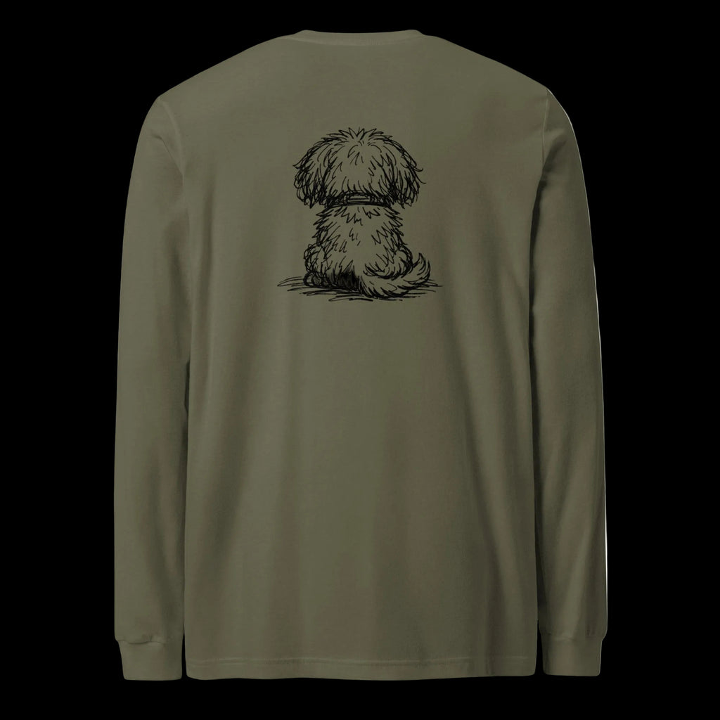 Military green personalized dog illusion long sleeve T-shirt with back puppy illustration and custom Dog Mom text.