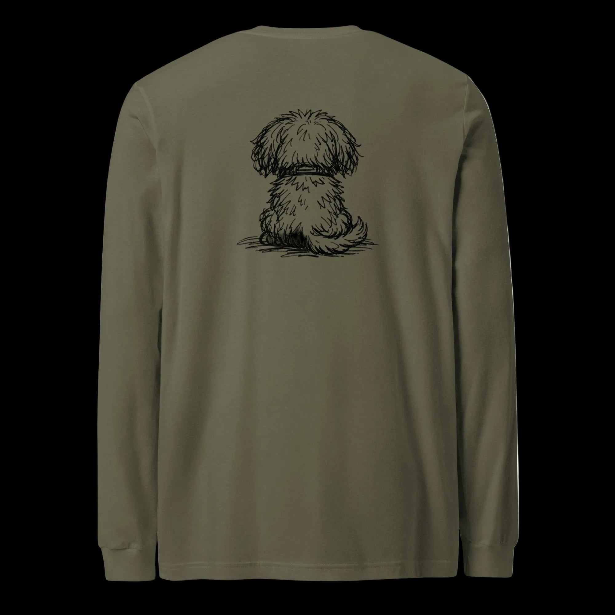 Military green personalized dog illusion long sleeve T-shirt with back puppy illustration and custom Dog Mom text.