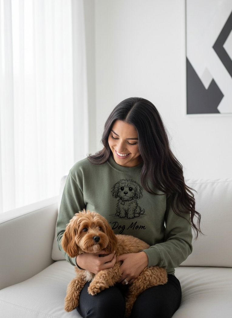 Dog parents wearing matching military green personalized dog illusion long sleeve T-shirts with their dog.