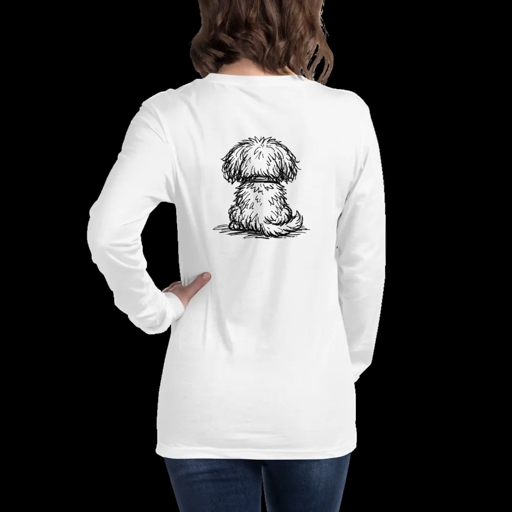 White long-sleeve shirt with a dog illustration on the back, worn by a person.