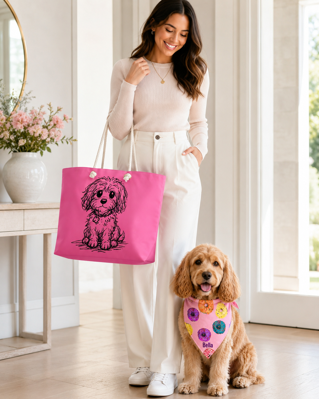 Woman carrying pink small dog tote bag with dog wearing personalized pink donut matching bandana.