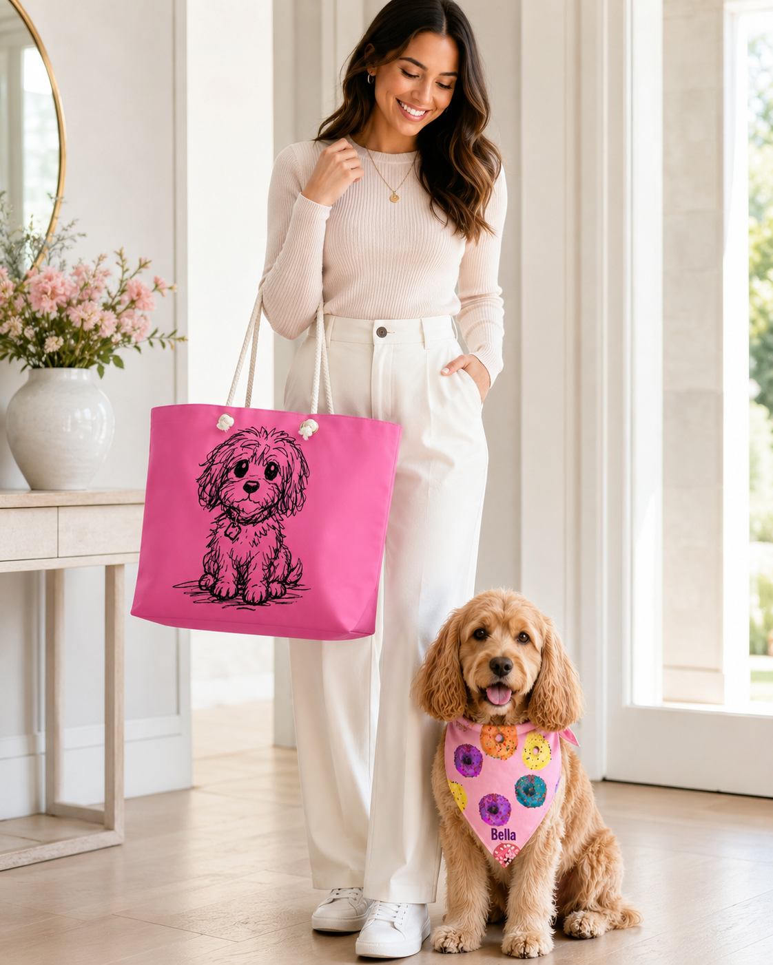 Woman carrying pink small dog tote bag with dog wearing personalized pink donut matching bandana.