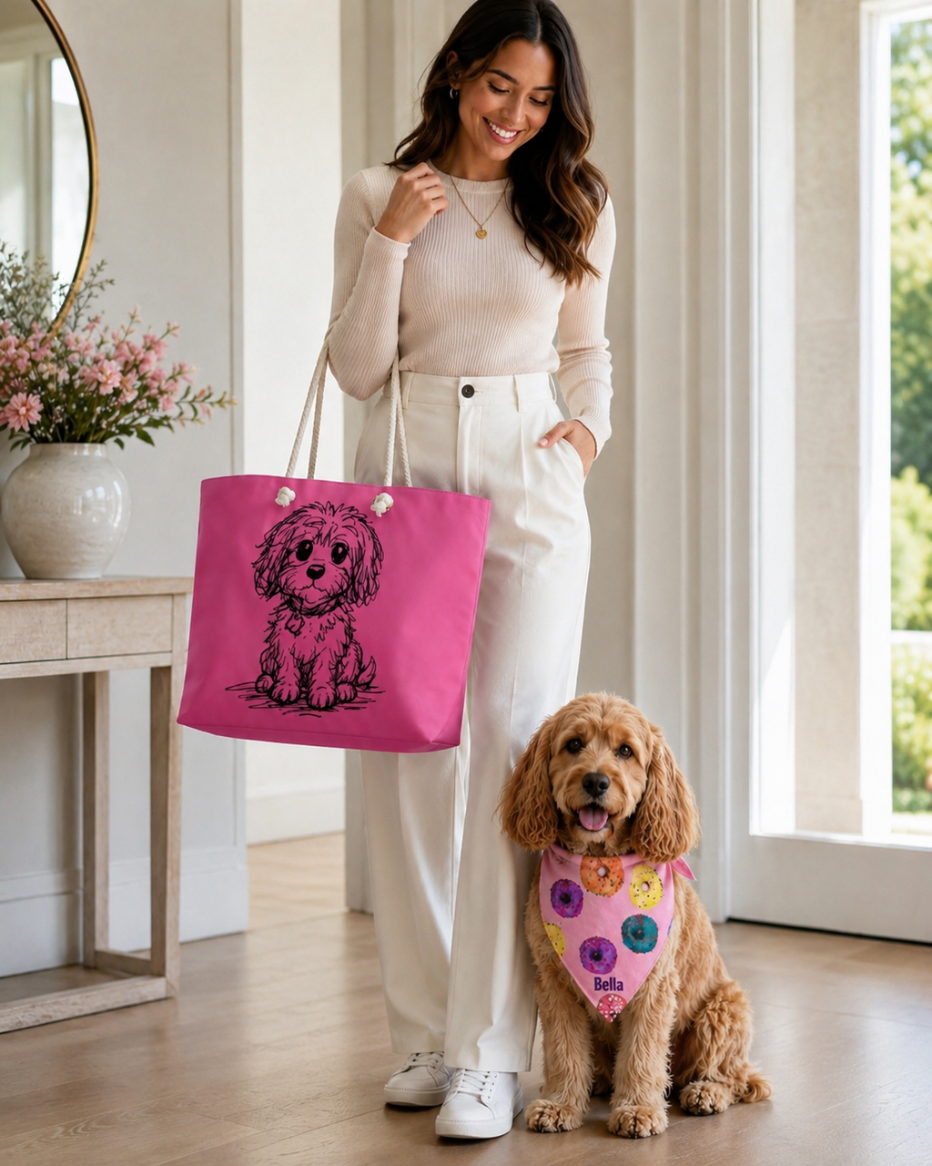 Woman carrying pink Extra Large tote bag 
With small dog sketched on the front of the tote, and a dog wearing personalized pink donut matching bandana.