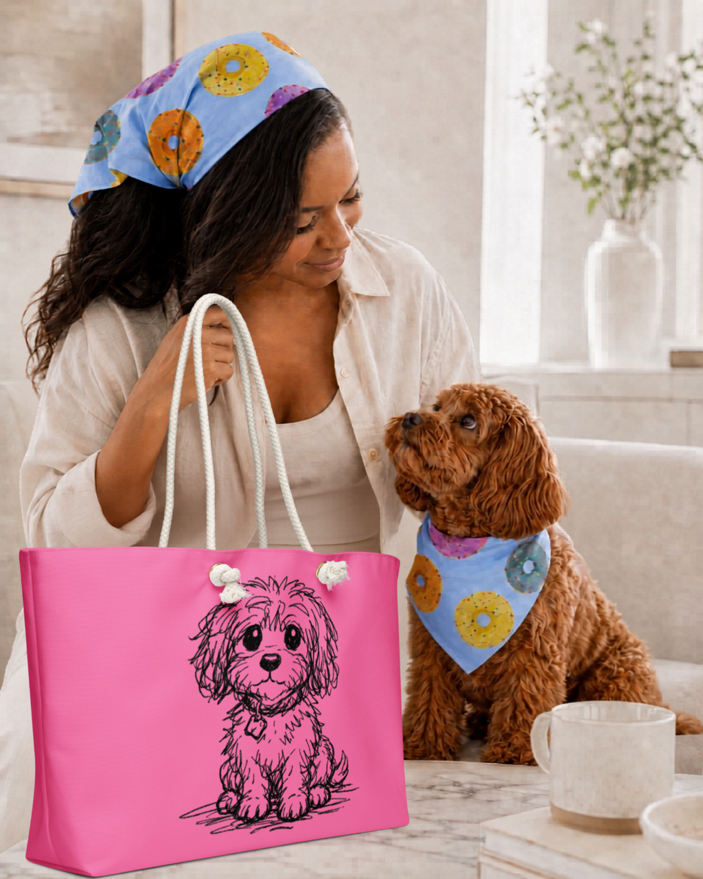 Woman with dog wearing personalized blue donut bandana and pink small dog weekender tote bag in lifestyle setting