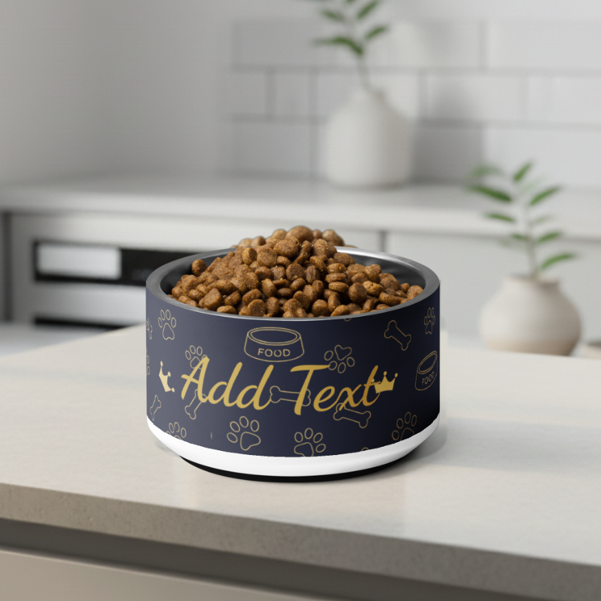 Pet food bowl with customizable label on a kitchen counter navy crown patten.