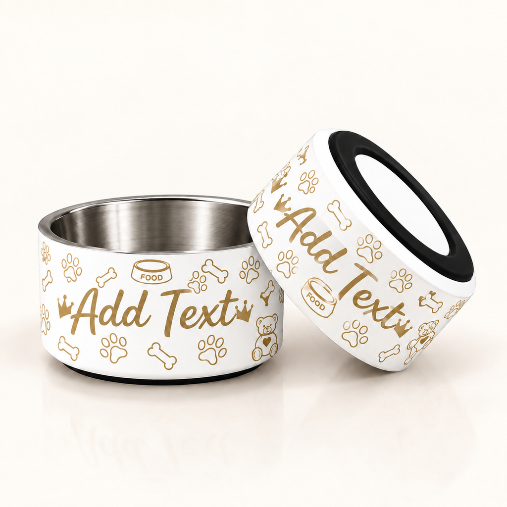 Two ivory dog bowls with decorated with gold crown patterns and the customizable text 'Add Text'. One bowl is upright the other shows the bottom non-slip base. 