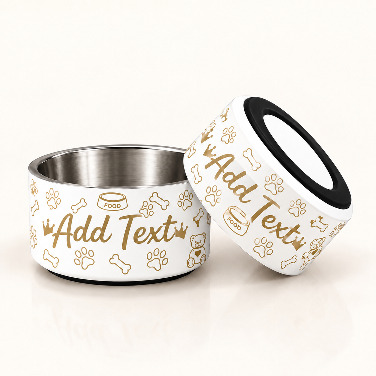 Two ivory dog bowls with decorated with gold crown patterns and the customizable text 'Add Text'. One bowl is upright the other shows the bottom non-slip base. 