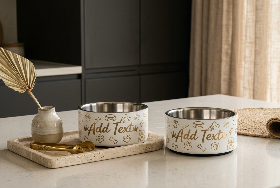 Personalized Luxury Stainless Steel Dog Bowl Set – Ivory Crown, 18 oz