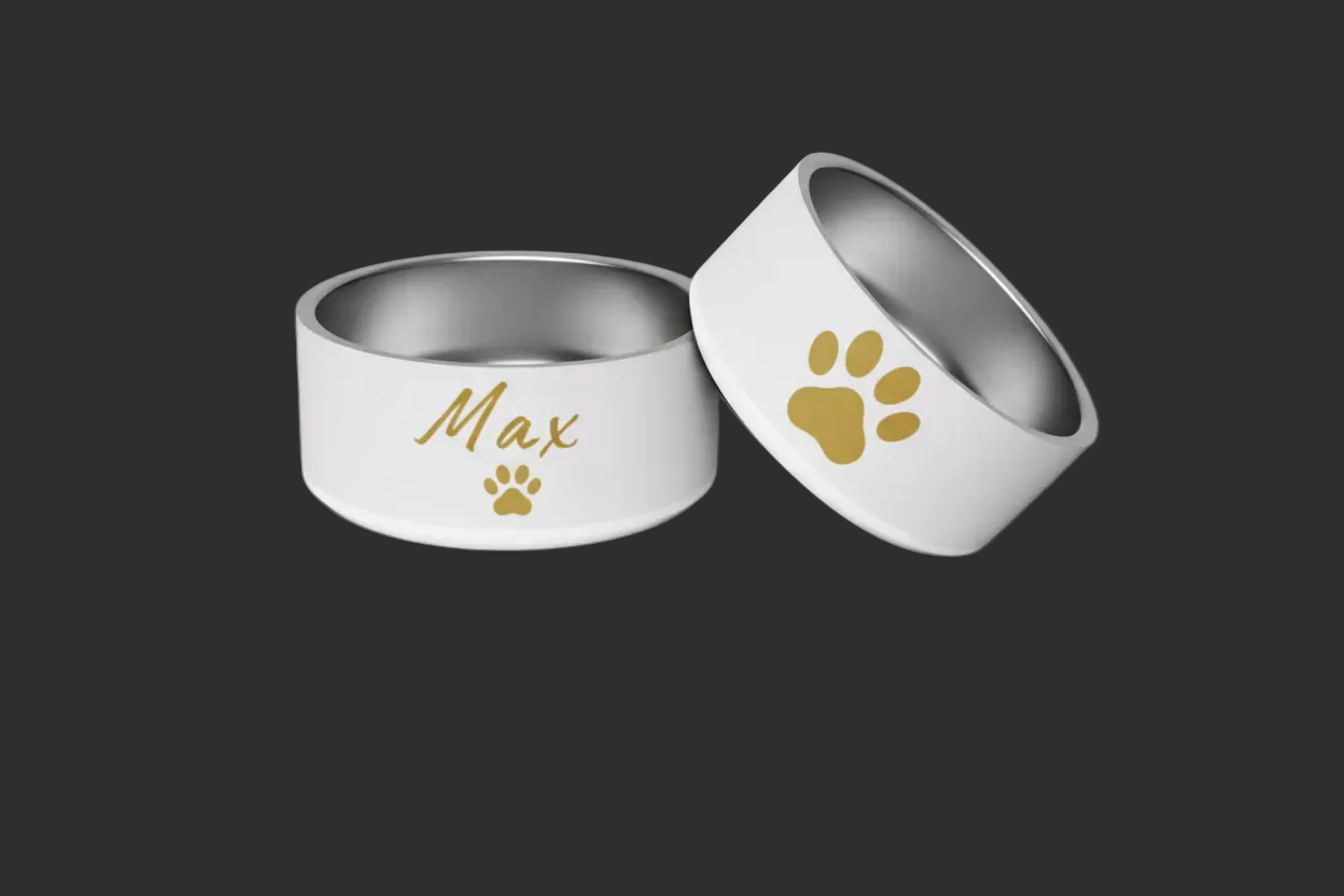 Custom Name Pet Bowl, Ivory Whisper & Gold,Max, 18 oz and 32 oz.