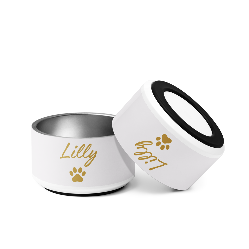 Custom Name Pet Bowl, Ivory Whisper & Gold, Lilly, 18 oz and 32 oz.