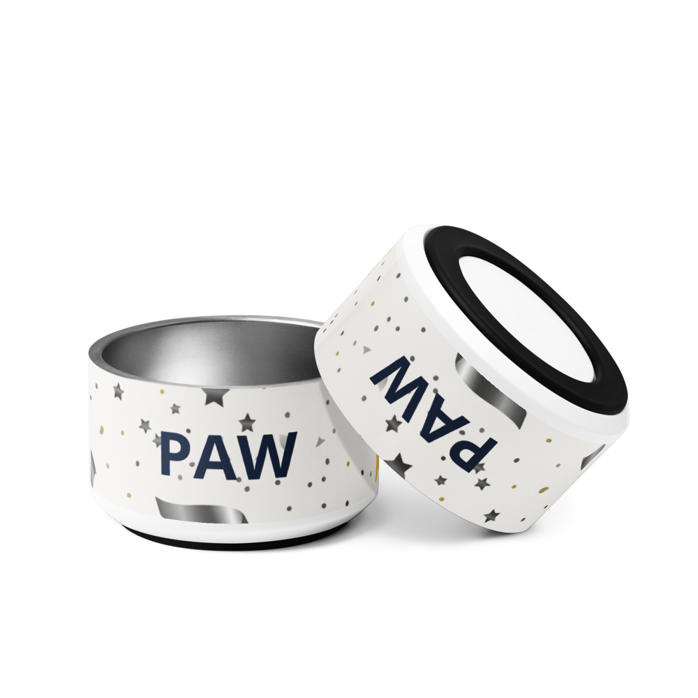 Luxury Stainless Steel Dog Bowl, Modern Pattern Gold and Silver , “PAW”, 18 and 32 oz.