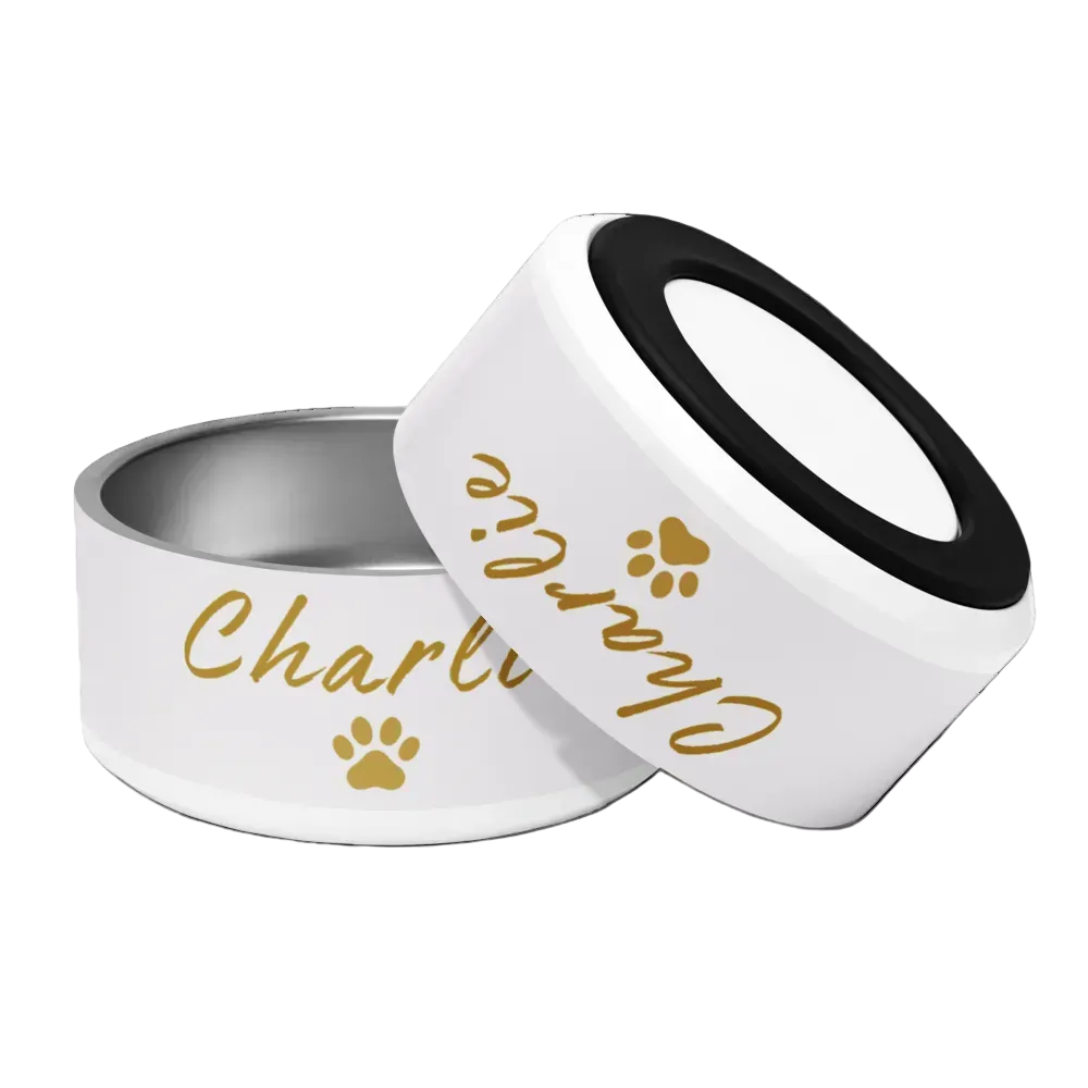Custom Name Pet Bowl Set, Ivory Whisper & Gold, Charlie,18 oz and 32 oz.