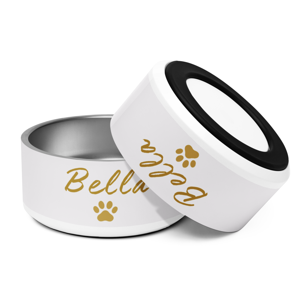 Custom Name Pet Bowl set, Ivory Whisper & Gold,Bella, 18 oz and 32 oz.