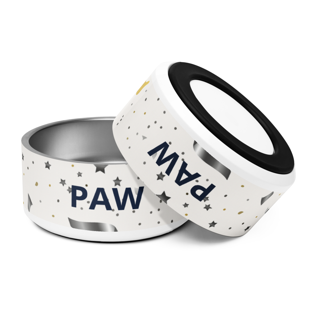 Luxury Stainless Steel Dog Bowl, Modern Pattern Gold and Silver , “PAW”, 18 and 32 oz.