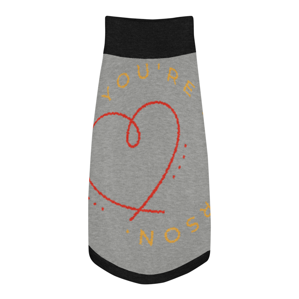 Gray pet dress with red heart and yellow text on a white background