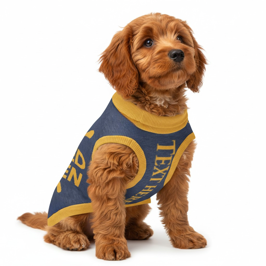 Dog wearing a blue and gold personalized  sweater a white background
