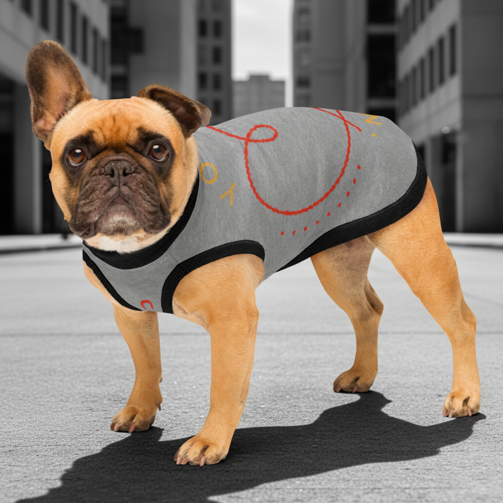 Dog wearing a gray sweater with red designs on a city street.